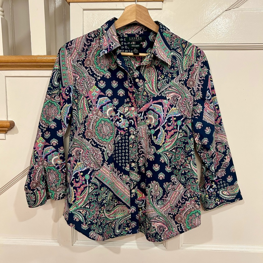 LAUREN Ralph Lauren Petite No-Iron button down paisley shirt Size PL